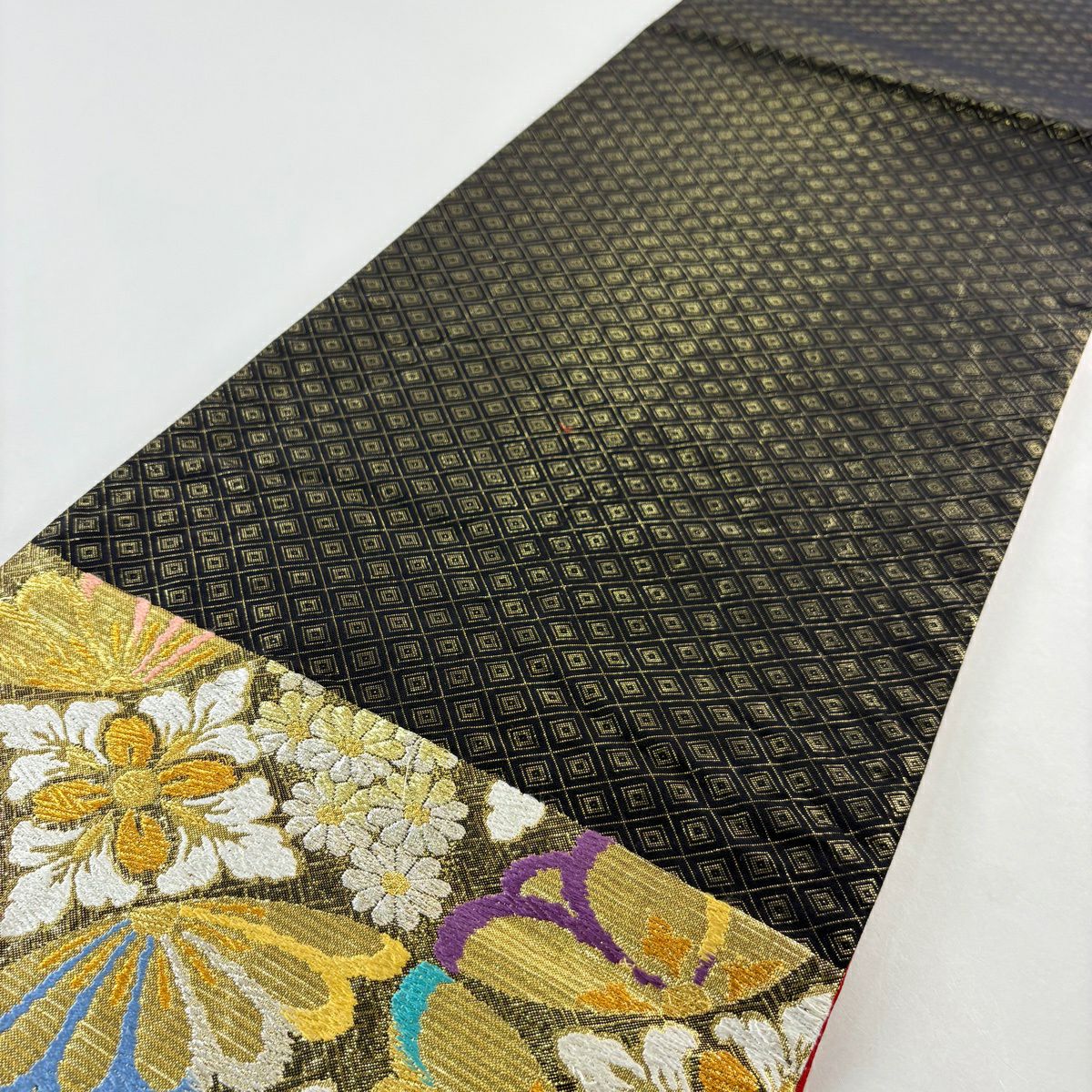 【美品】 袋帶 秀品級 七寶紋 櫻花 金絲 金金箔 金色 六通 純蠶絲