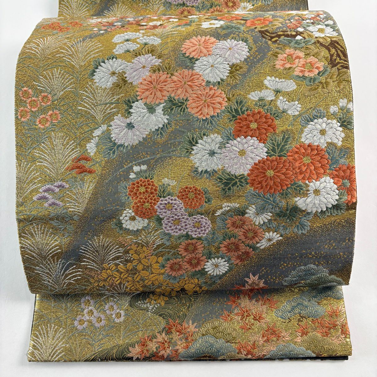 【美品】 袋帶 秀品級 花鳥畫 草花紋 松樹 金絲 金金箔 鶯色 六通 純蠶絲
