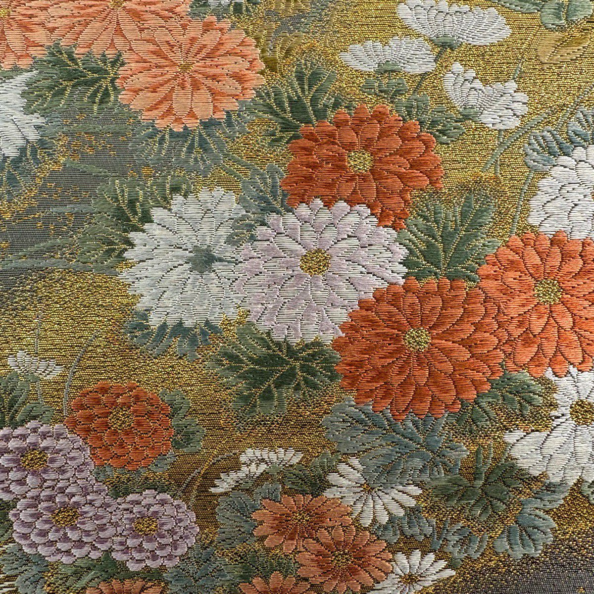 【美品】 袋帶 秀品級 花鳥畫 草花紋 松樹 金絲 金金箔 鶯色 六通 純蠶絲
