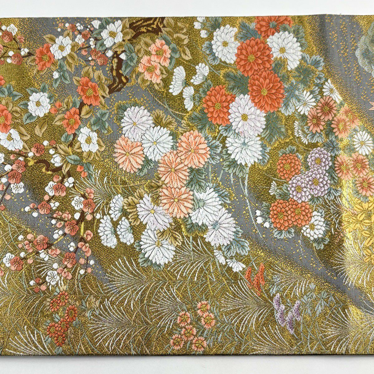 【美品】 袋帶 秀品級 花鳥畫 草花紋 松樹 金絲 金金箔 鶯色 六通 純蠶絲