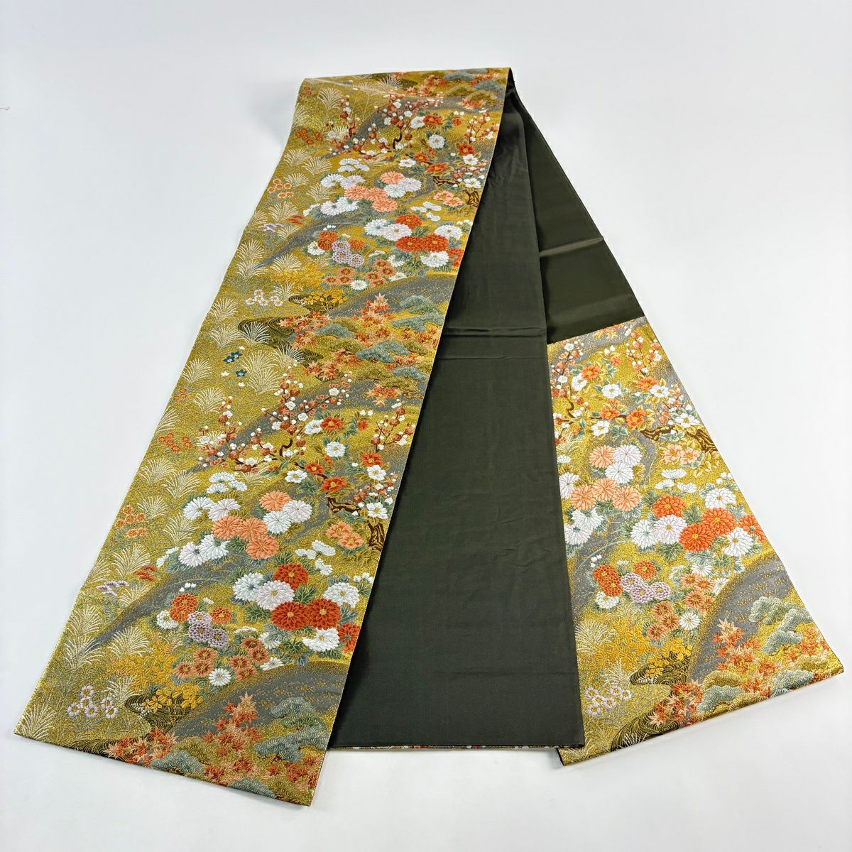 【美品】 袋帶 秀品級 花鳥畫 草花紋 松樹 金絲 金金箔 鶯色 六通 純蠶絲