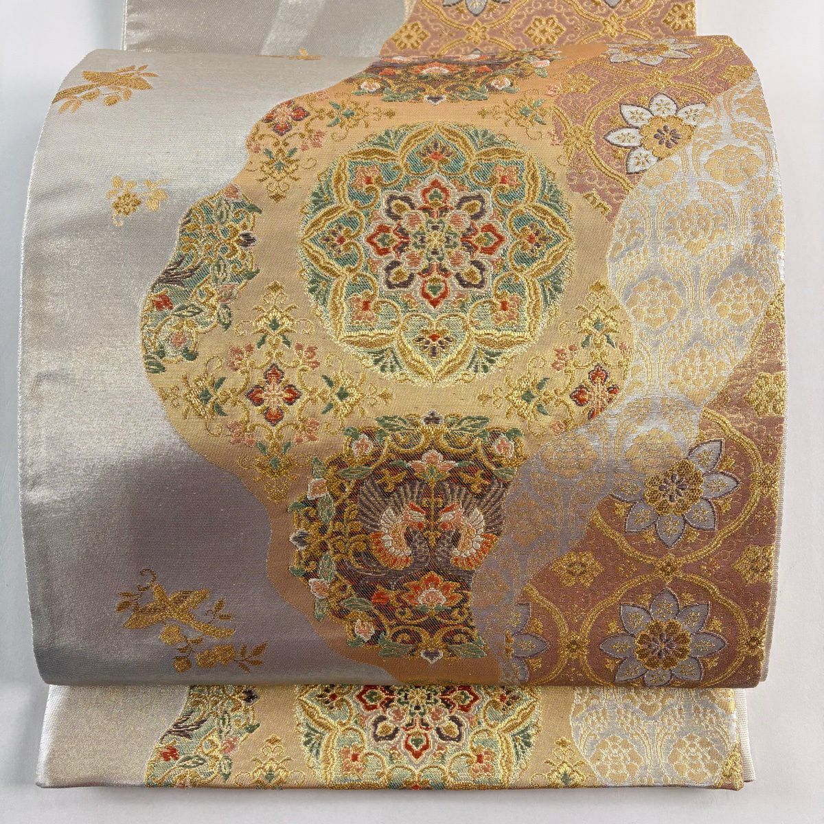袋帶 秀品級 華紋 向鳥 金絲 金金箔 金色 六通 純蠶絲