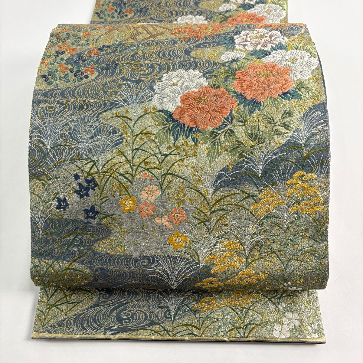 袋帶 秀品級 關西仕立 雜草 流水 金絲 青灰 六通 純蠶絲