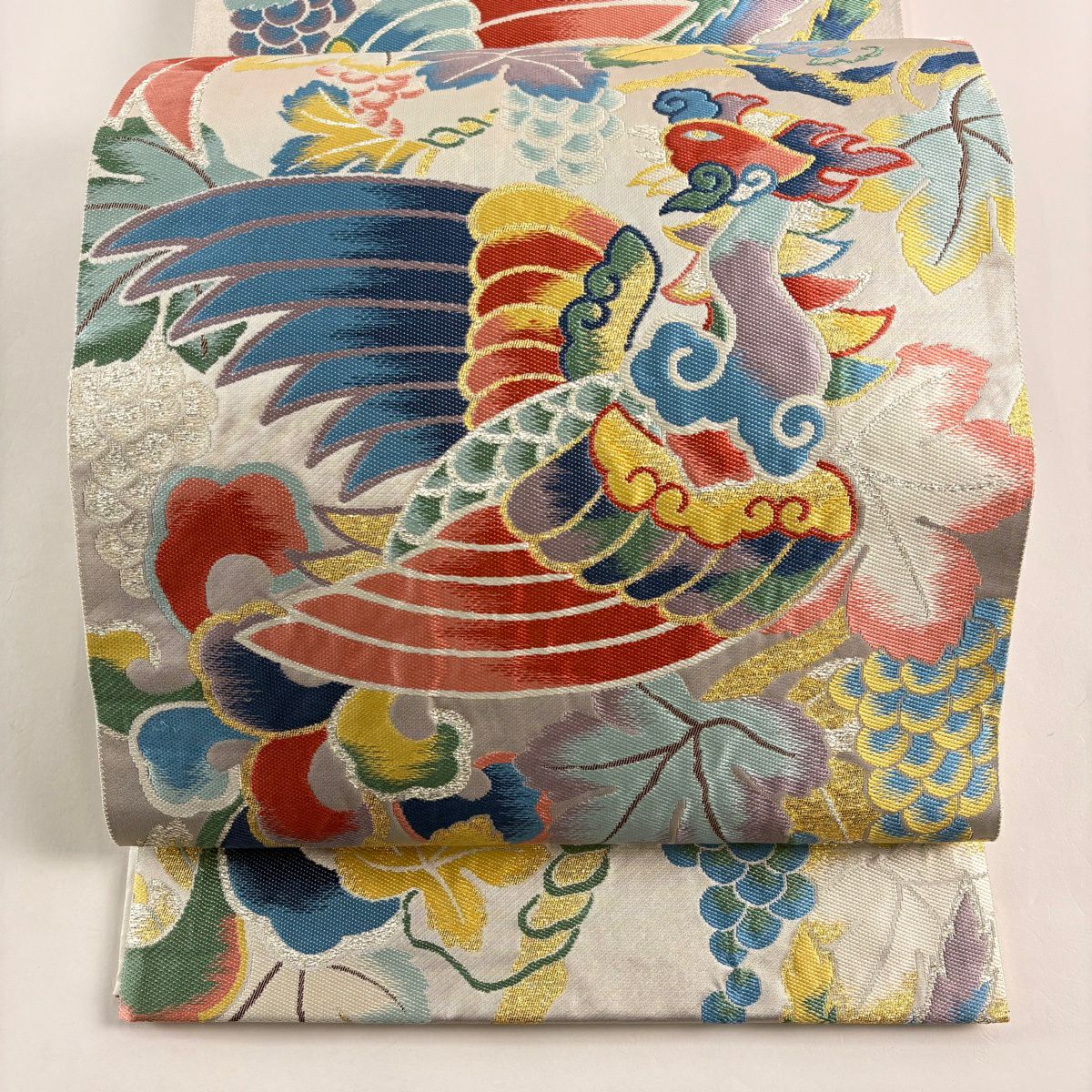 【美品】 袋帶 秀品級 鳳凰 葡萄 金金箔 銀 六通 純蠶絲