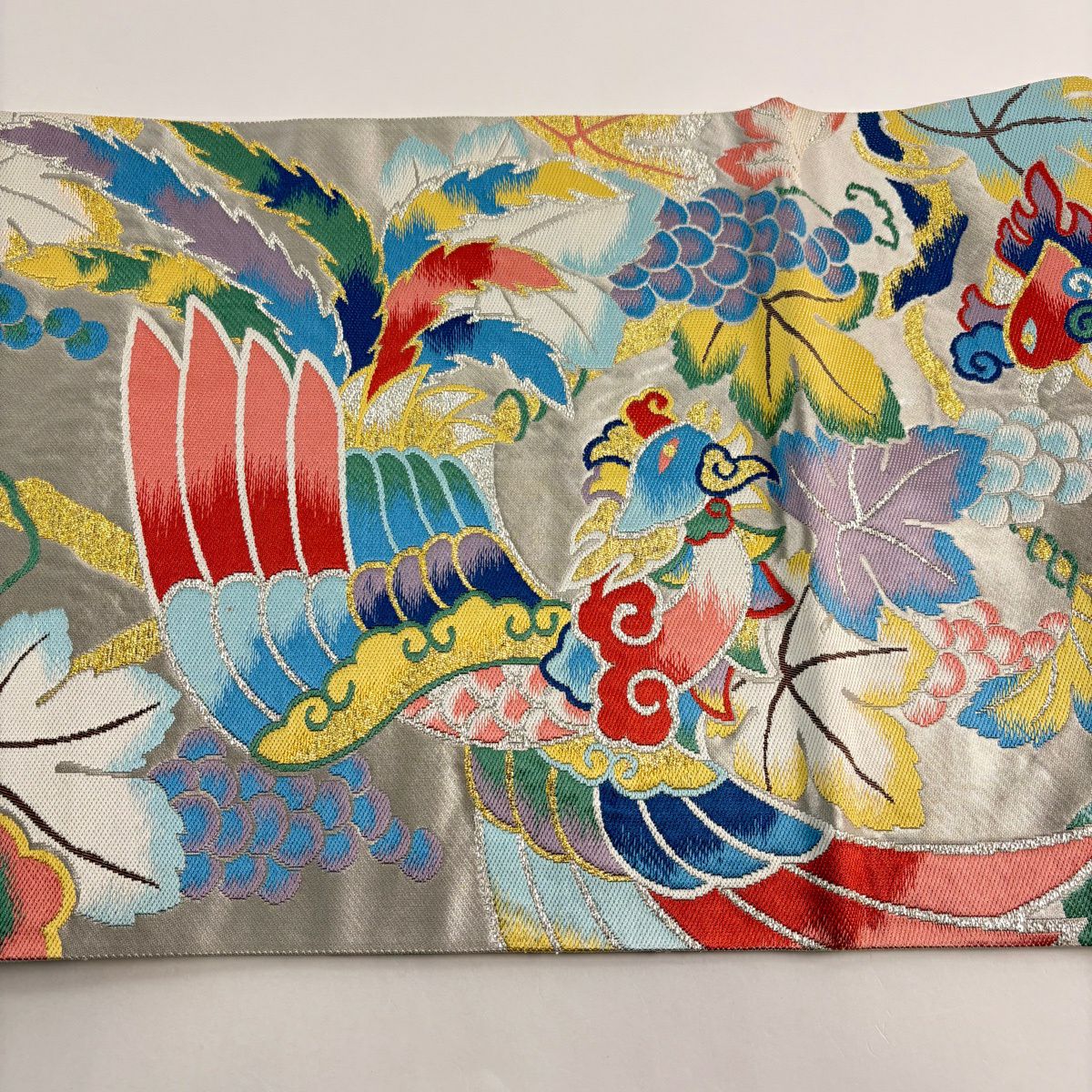 【美品】 袋帶 秀品級 鳳凰 葡萄 金金箔 銀 六通 純蠶絲