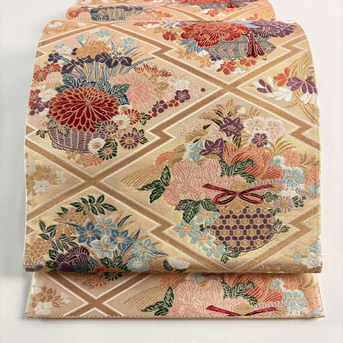 【美品】 袋帶 秀品級 關西仕立 松樹皮菱花籠文 金糸 金金箔 金色 六通 純蠶絲