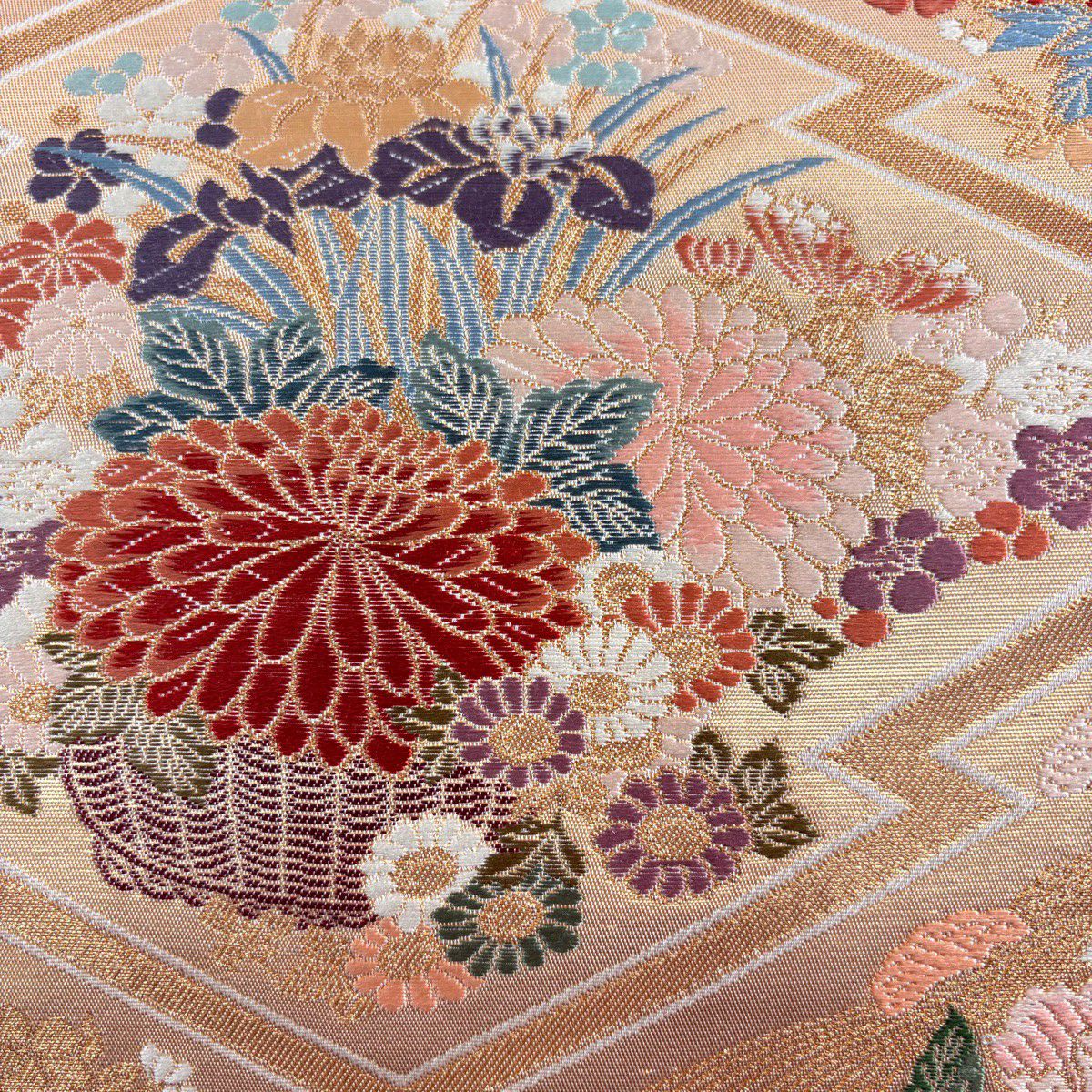 【美品】 袋帶 秀品級 關西仕立 松樹皮菱花籠文 金糸 金金箔 金色 六通 純蠶絲