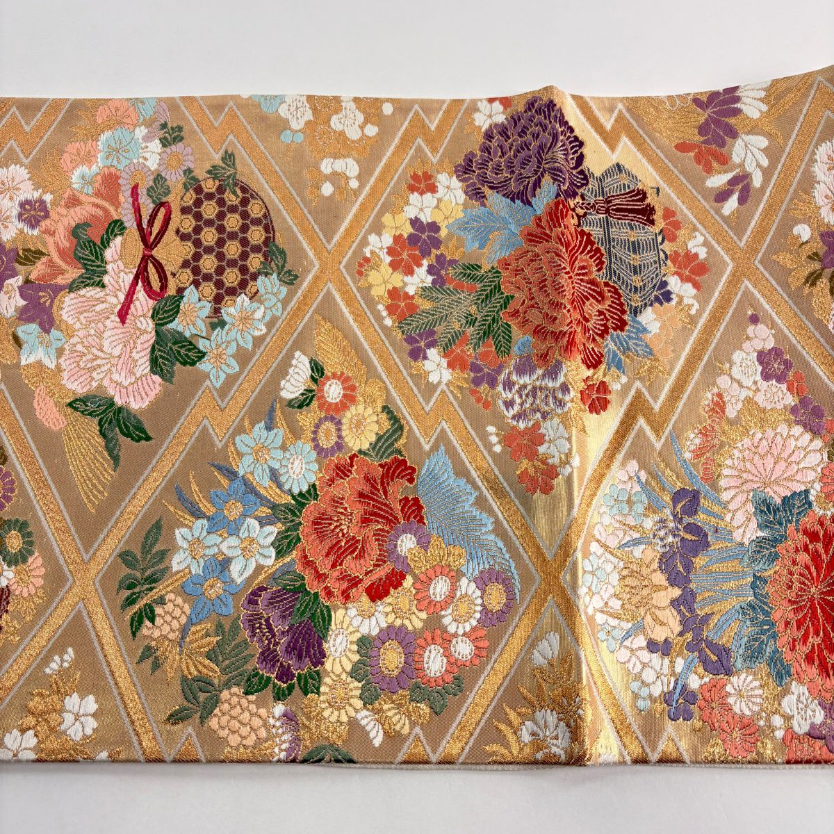 【美品】 袋帶 秀品級 關西仕立 松樹皮菱花籠文 金糸 金金箔 金色 六通 純蠶絲