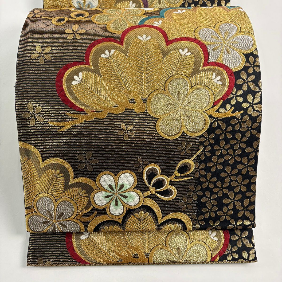 【美品】 袋帶 秀品級 梅花 樫松樹 金絲 金金箔 金色 六通 純蠶絲