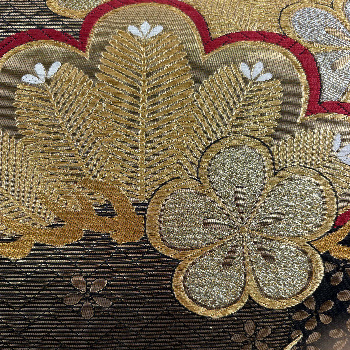 【美品】 袋帶 秀品級 梅花 樫松樹 金絲 金金箔 金色 六通 純蠶絲