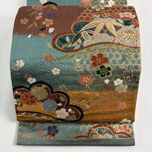 袋帶 秀品級 松樹竹子梅花 垂枝櫻 金絲 金金箔 灰綠 六通 純蠶絲