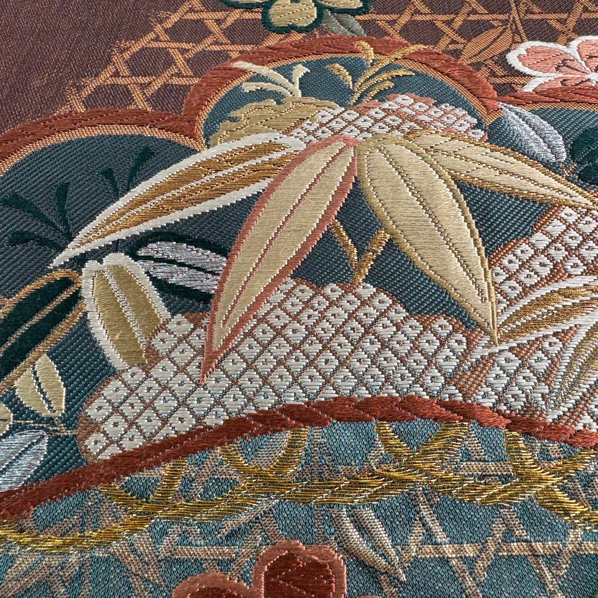 袋帶 秀品級 松樹竹子梅花 垂枝櫻 金絲 金金箔 灰綠 六通 純蠶絲