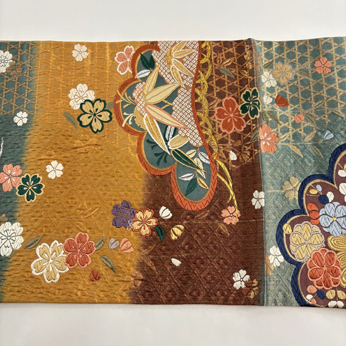 袋帶 秀品級 松樹竹子梅花 垂枝櫻 金絲 金金箔 灰綠 六通 純蠶絲