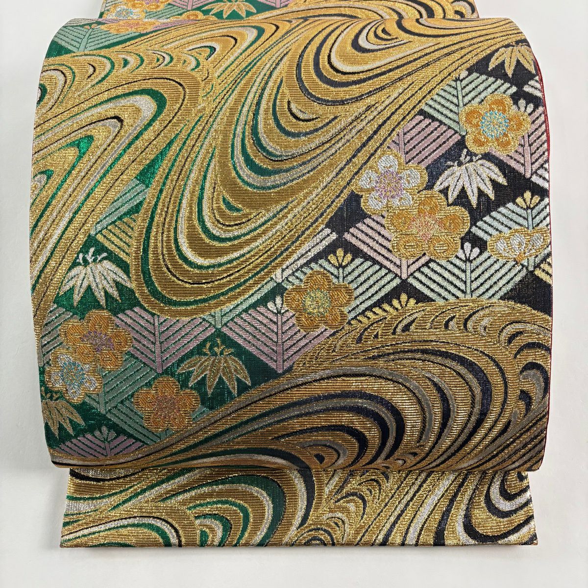 【美品】 袋帶 秀品級 松樹竹子梅花 流水 金金箔 綠 六通 純蠶絲