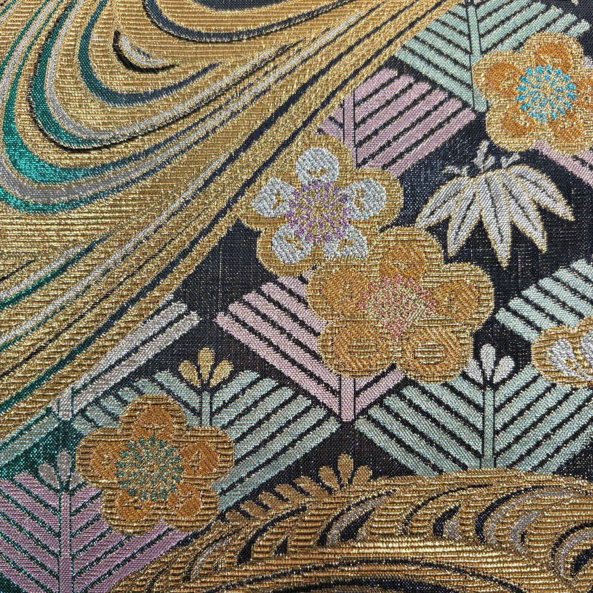 【美品】 袋帶 秀品級 松樹竹子梅花 流水 金金箔 綠 六通 純蠶絲