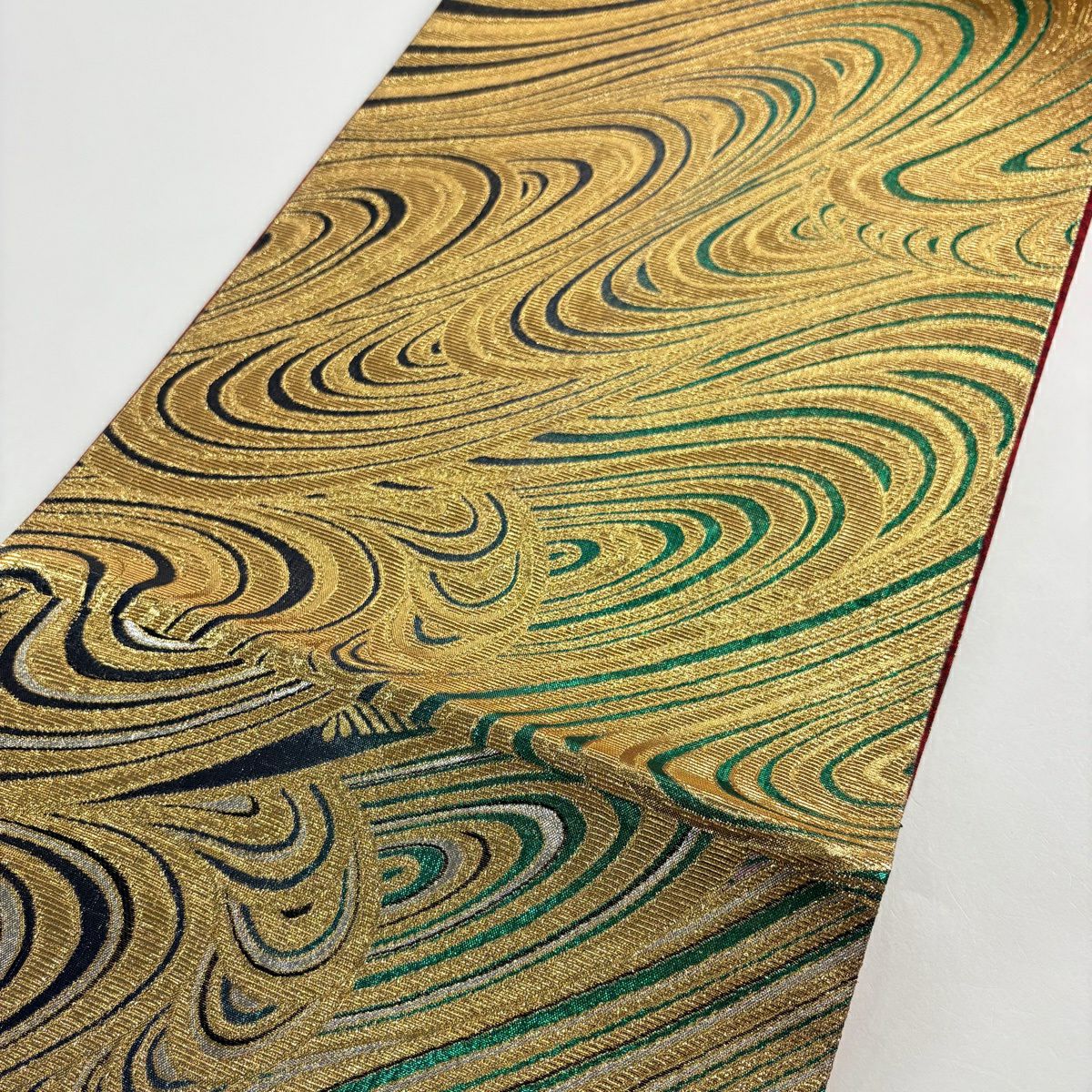 【美品】 袋帶 秀品級 松樹竹子梅花 流水 金金箔 綠 六通 純蠶絲