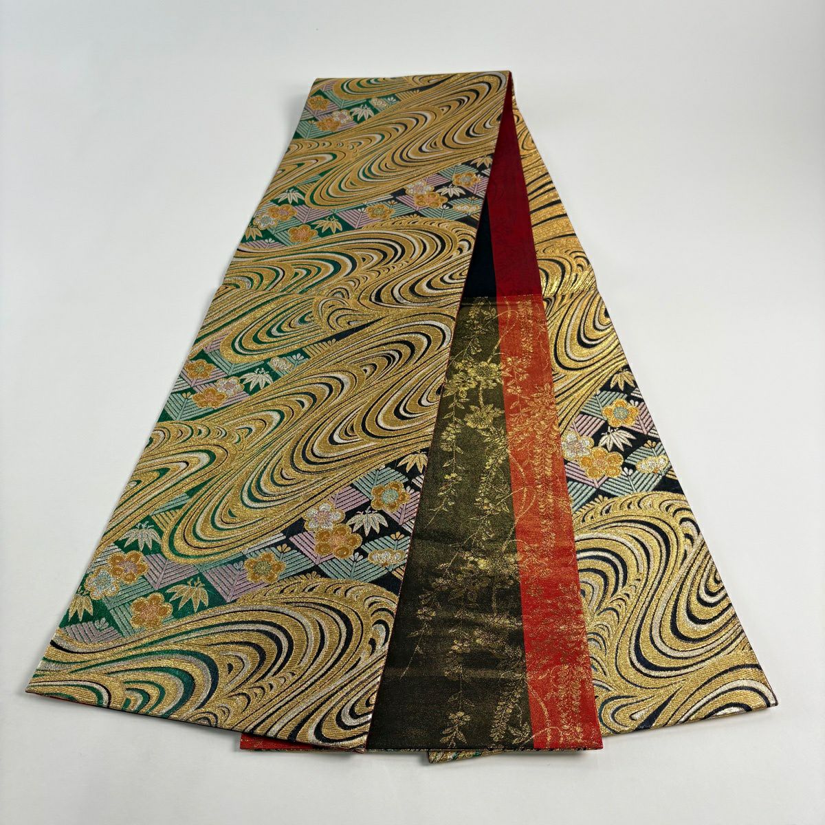 【美品】 袋帶 秀品級 松樹竹子梅花 流水 金金箔 綠 六通 純蠶絲