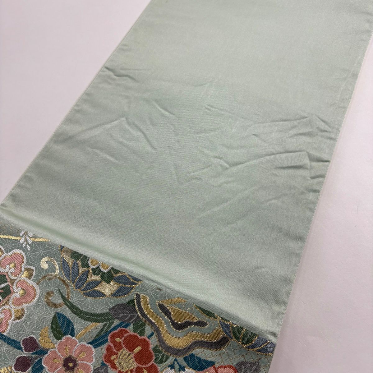 袋帶 秀品級 菊花 草花紋 金糸 金金箔 薄綠 六通 純蠶絲
