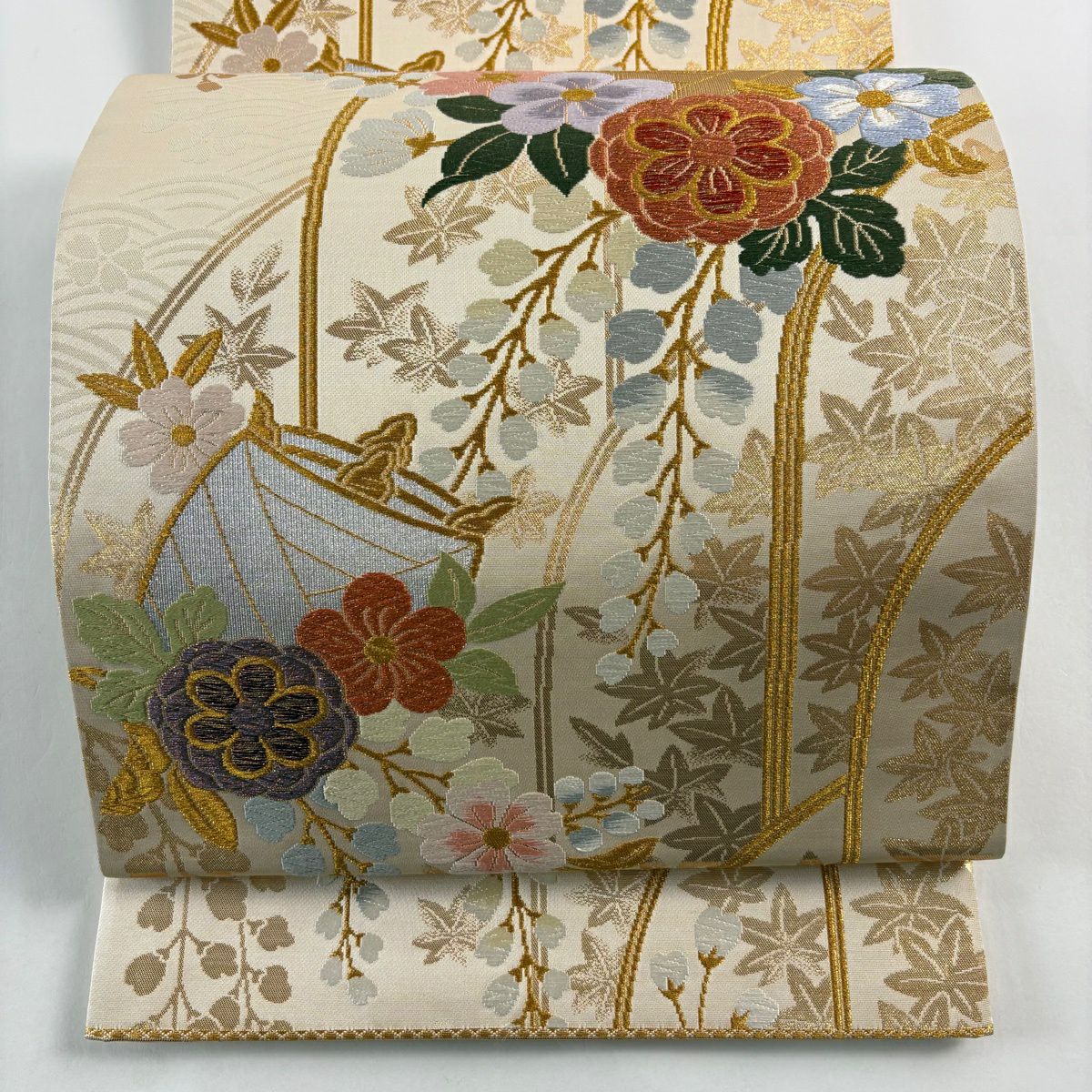 【美品】 袋帶 秀品級 線捲 草花紋 金絲 金金箔 米色 六通 純蠶絲