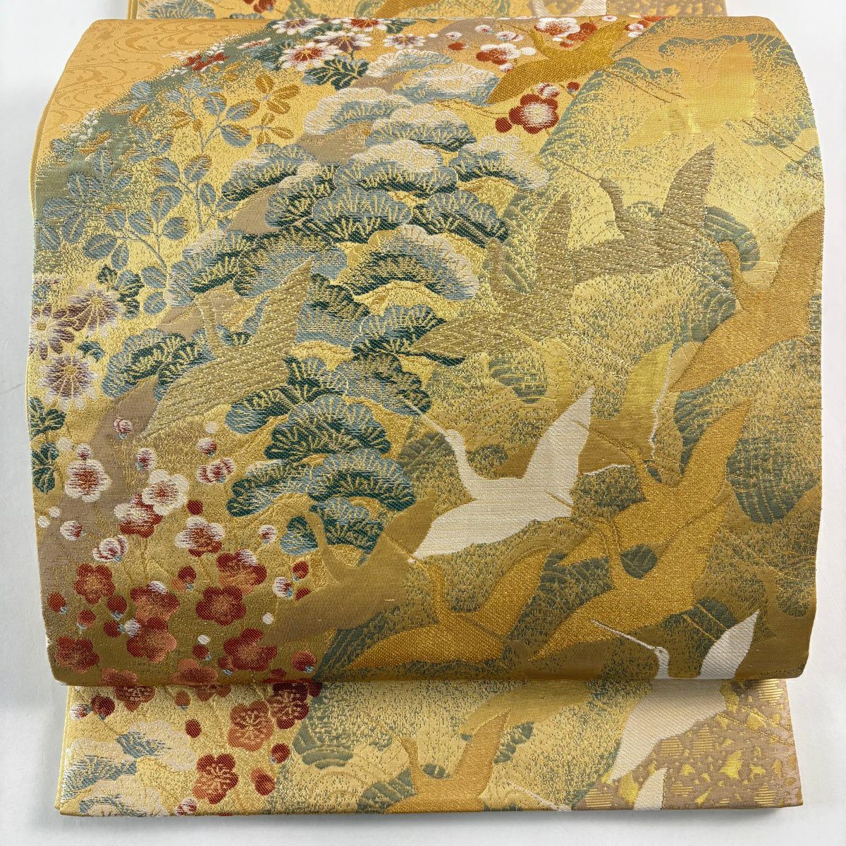 【美品】 袋帶 秀品級 線捲 草花紋 金絲 金金箔 米色 六通 純蠶絲