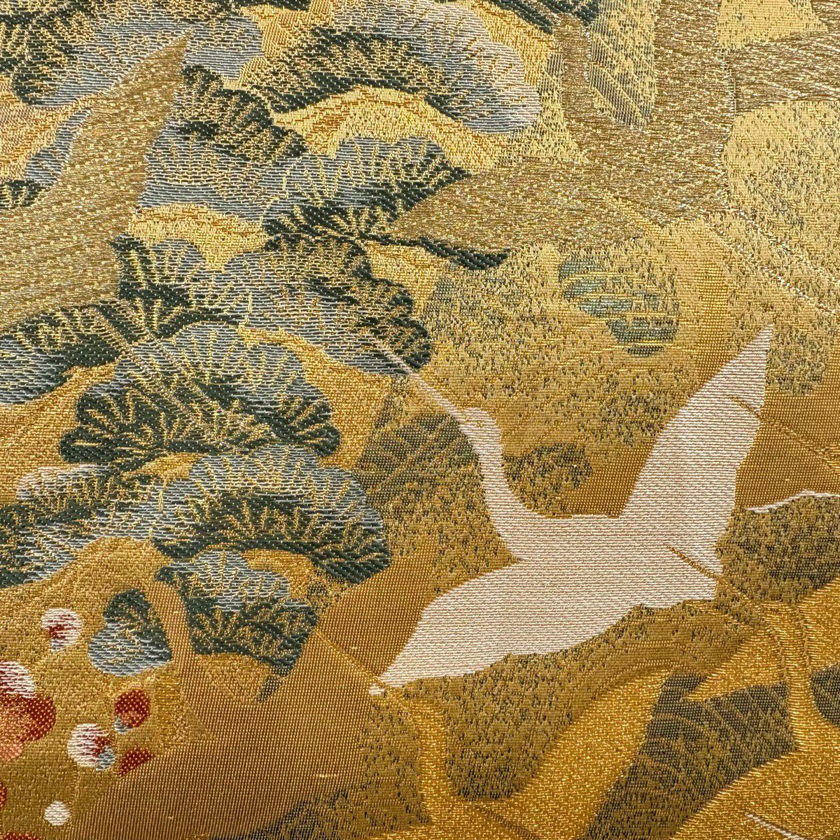 【美品】 袋帶 秀品級 仙鶴 松樹梅花 金絲 金金箔 山吹茶 六通 純蠶絲