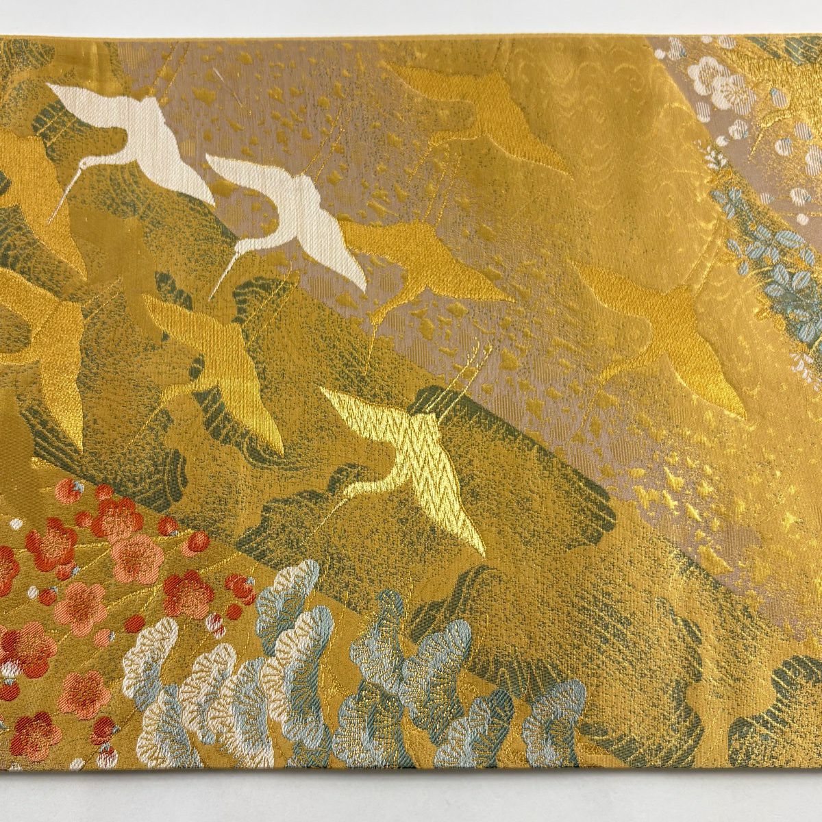 【美品】 袋帶 秀品級 仙鶴 松樹梅花 金絲 金金箔 山吹茶 六通 純蠶絲