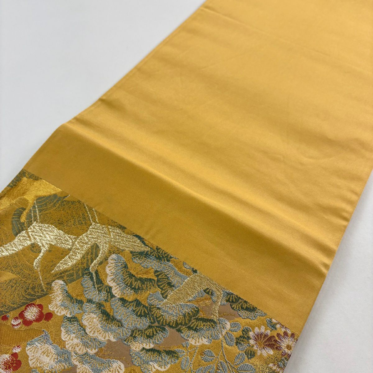 【美品】 袋帶 秀品級 仙鶴 松樹梅花 金絲 金金箔 山吹茶 六通 純蠶絲