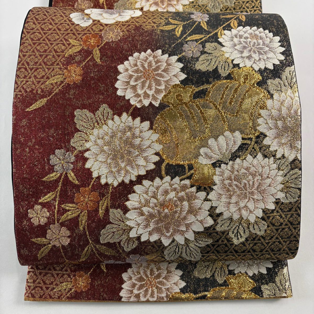 【美品】 袋帶 秀品級 振袖禮服禮服用 小槌 花丸紋 金絲 金金箔 黑 六通 純蠶絲
