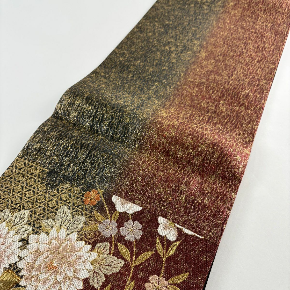 【美品】 袋帶 秀品級 振袖禮服禮服用 小槌 花丸紋 金絲 金金箔 黑 六通 純蠶絲