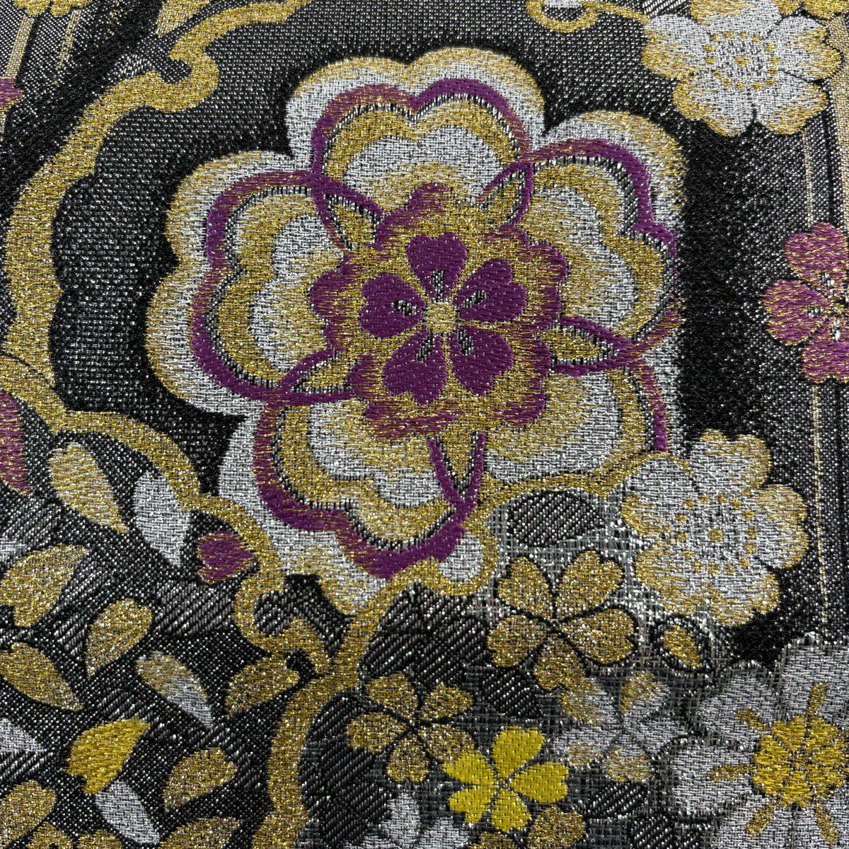 袋帶 秀品級 振袖禮服禮服用 華紋 雪輪 金金箔 金銀彩 黑 六通 純蠶絲