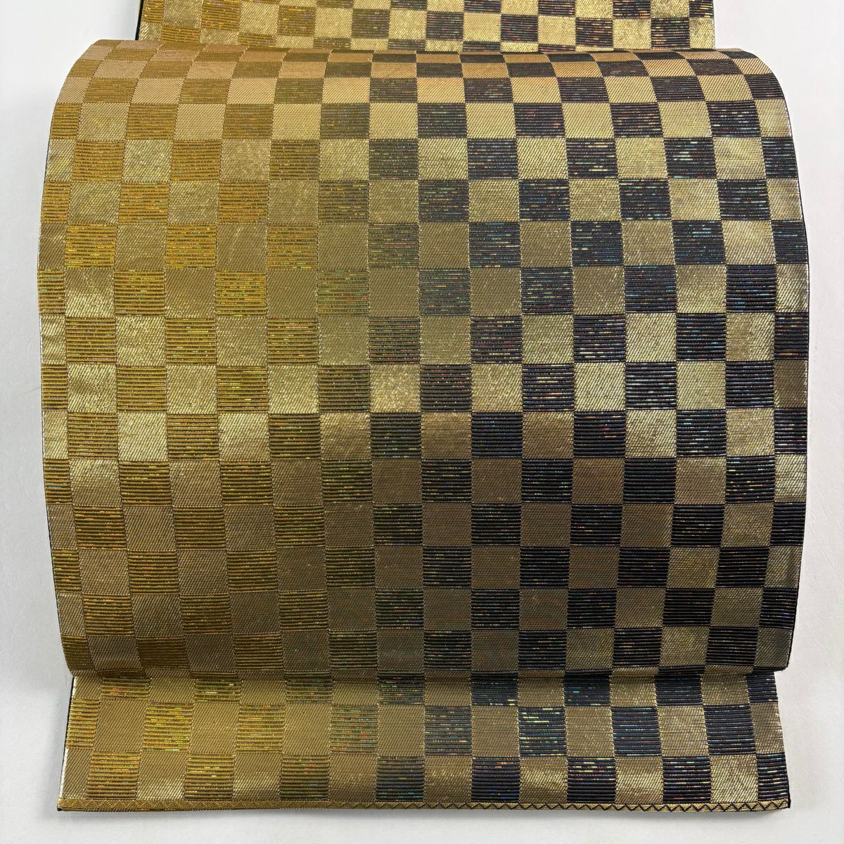 袋帶 秀品級 市松樹 縞 金金箔 金  六通 純蠶絲