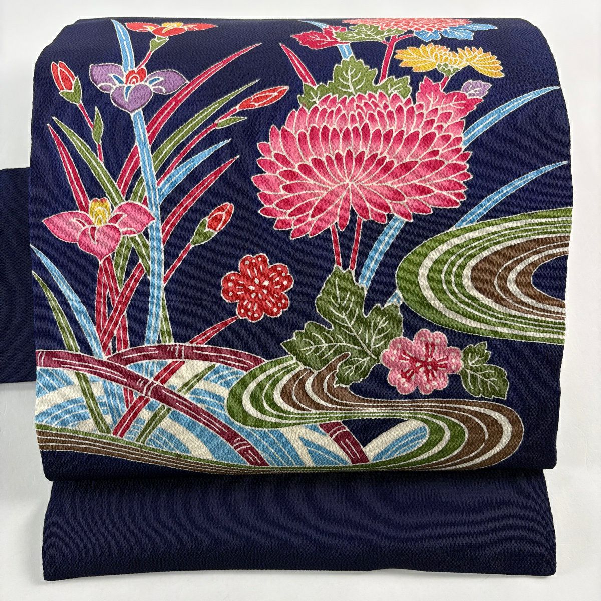 【美品】名古屋帶 秀品級 草花紋紋 流水圖案 縮緬 純蠶絲