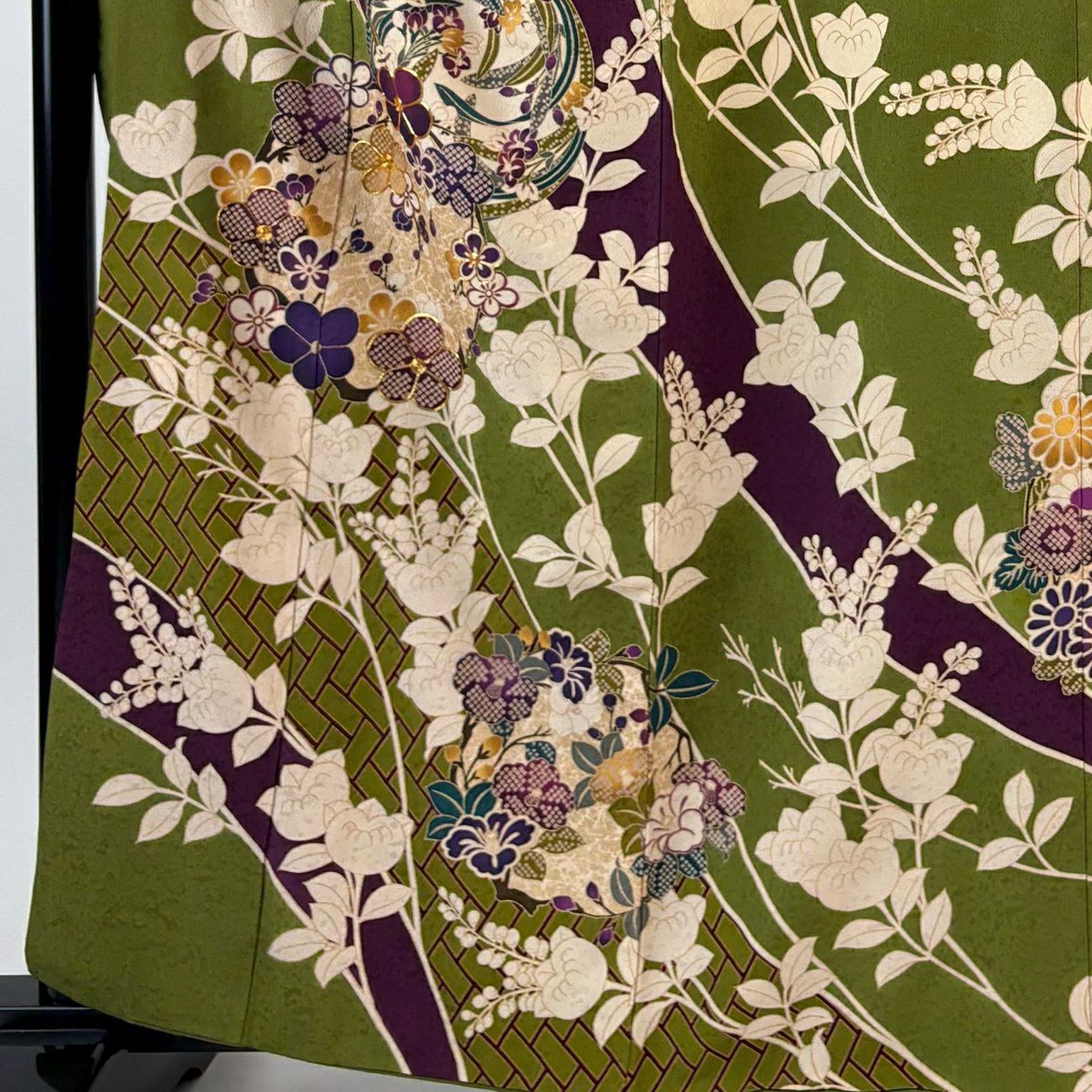 振袖禮服 身長159cm 袖長67cm M 雙層 花丸紋 檜垣 金絲 金銀彩 艾草綠 純蠶絲 名品級