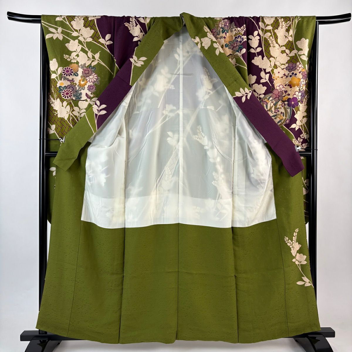 振袖禮服 身長159cm 袖長67cm M 雙層 花丸紋 檜垣 金絲 金銀彩 艾草綠 純蠶絲 名品級