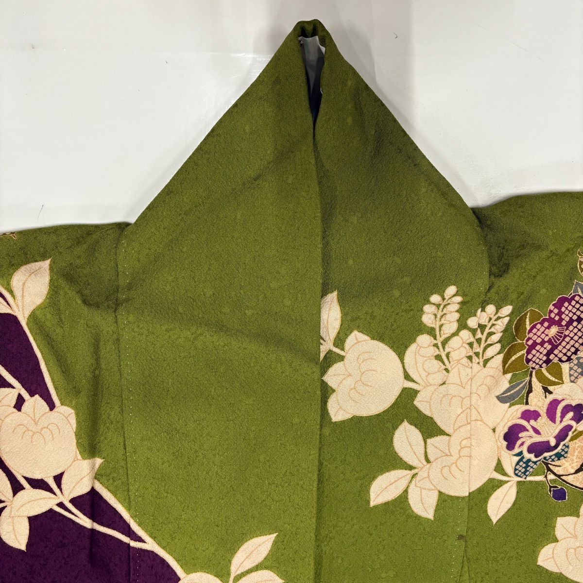 振袖禮服 身長159cm 袖長67cm M 雙層 花丸紋 檜垣 金絲 金銀彩 艾草綠 純蠶絲 名品級