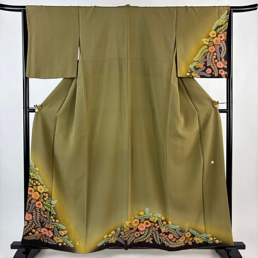 付下 身長157.5cm 袖長66cm M 雙層 辻花染圖案 漸層 黃土 純蠶絲 名品級 一個紋