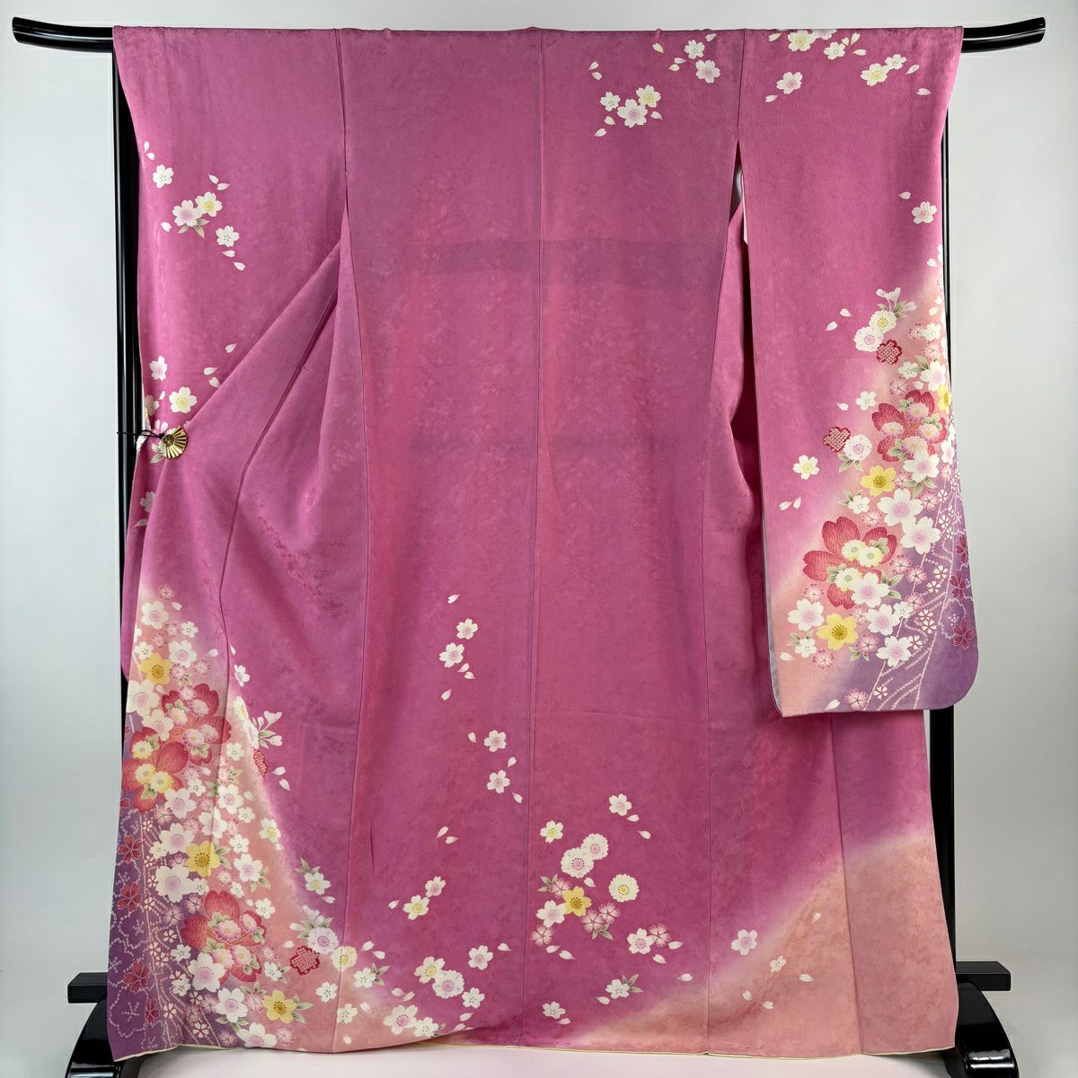 振袖禮服 身長170cm 袖長68cm L 雙層 櫻花 漸層 金彩裝飾 粉紅 純蠶絲 名品級