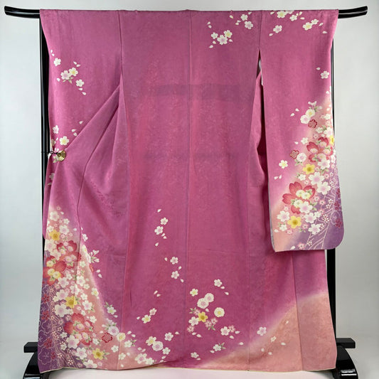 振袖禮服 身長170cm 袖長68cm L 雙層 櫻花 漸層 金彩裝飾 粉紅 純蠶絲 名品級