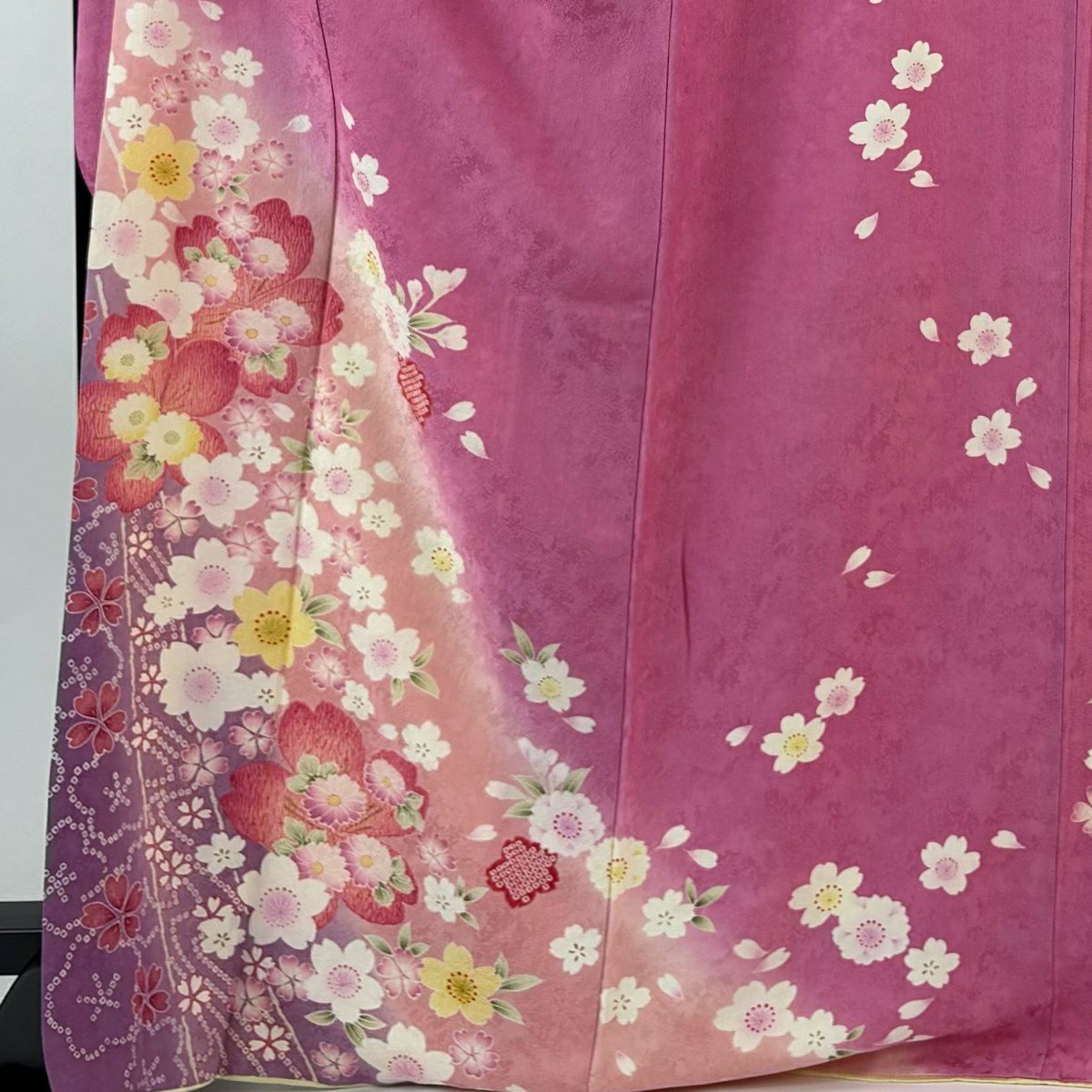 振袖禮服 身長170cm 袖長68cm L 雙層 櫻花 漸層 金彩裝飾 粉紅 純蠶絲 名品級