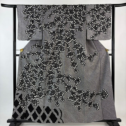 訪問服 身長159cm 袖長64cm M 雙層 草花紋紋 菱形 總絞染 黑 純蠶絲 名品級