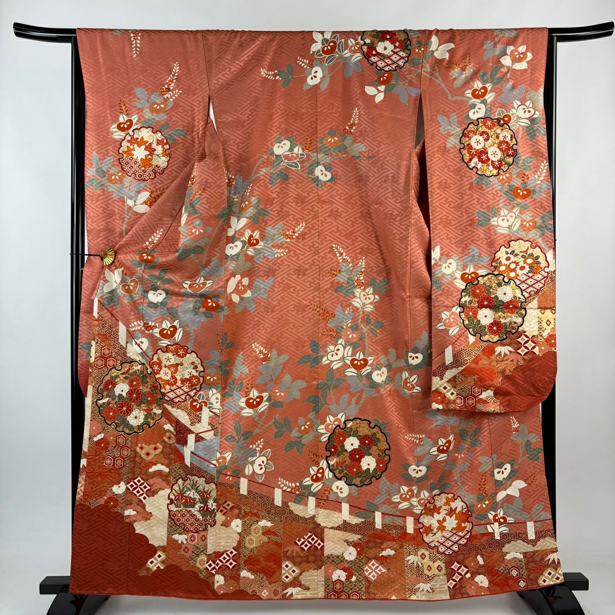 振袖禮服 身長161.5cm 袖長65cm M 雙層 草木友禪 雪輪 橘花 金絲 金銀彩 鮭粉色 純蠶絲 名品級