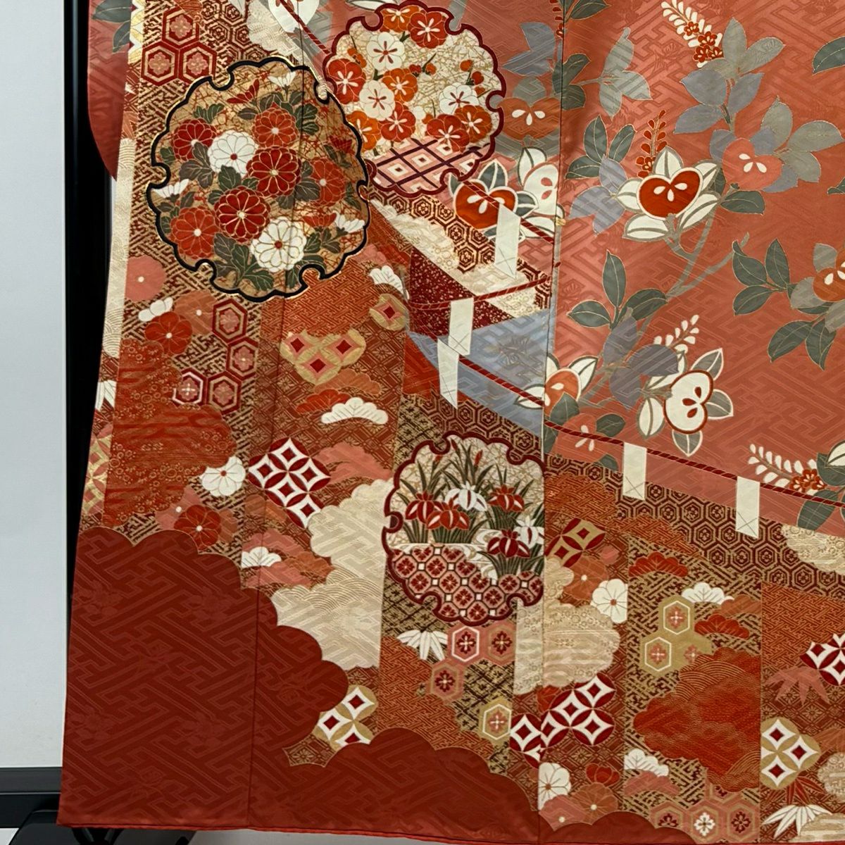 振袖禮服 身長161.5cm 袖長65cm M 雙層 草木友禪 雪輪 橘花 金絲 金銀彩 鮭粉色 純蠶絲 名品級