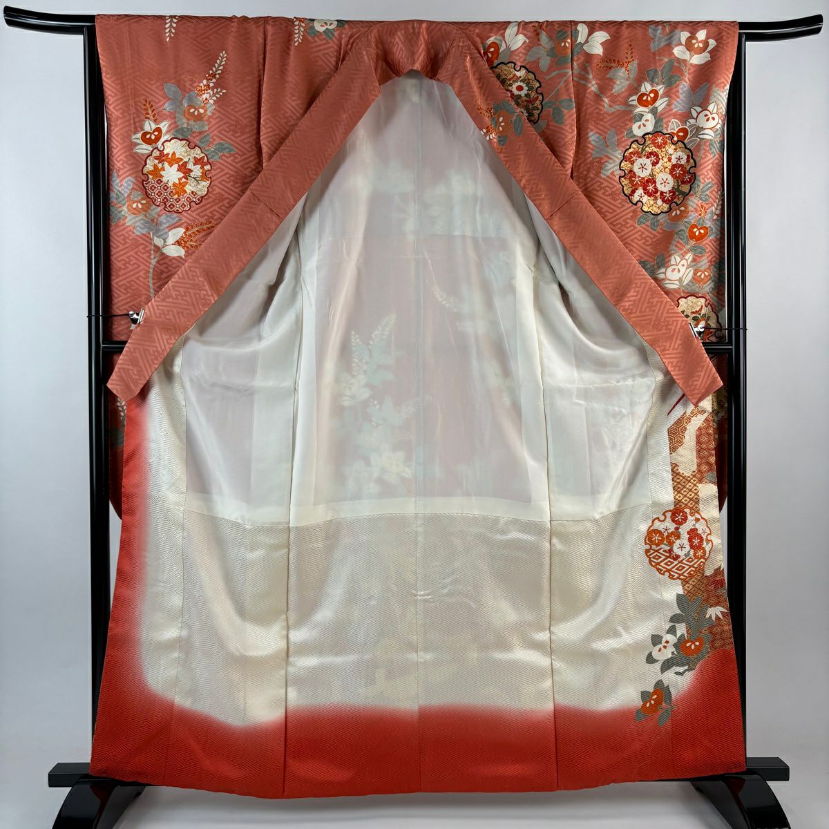 振袖禮服 身長161.5cm 袖長65cm M 雙層 草木友禪 雪輪 橘花 金絲 金銀彩 鮭粉色 純蠶絲 名品級