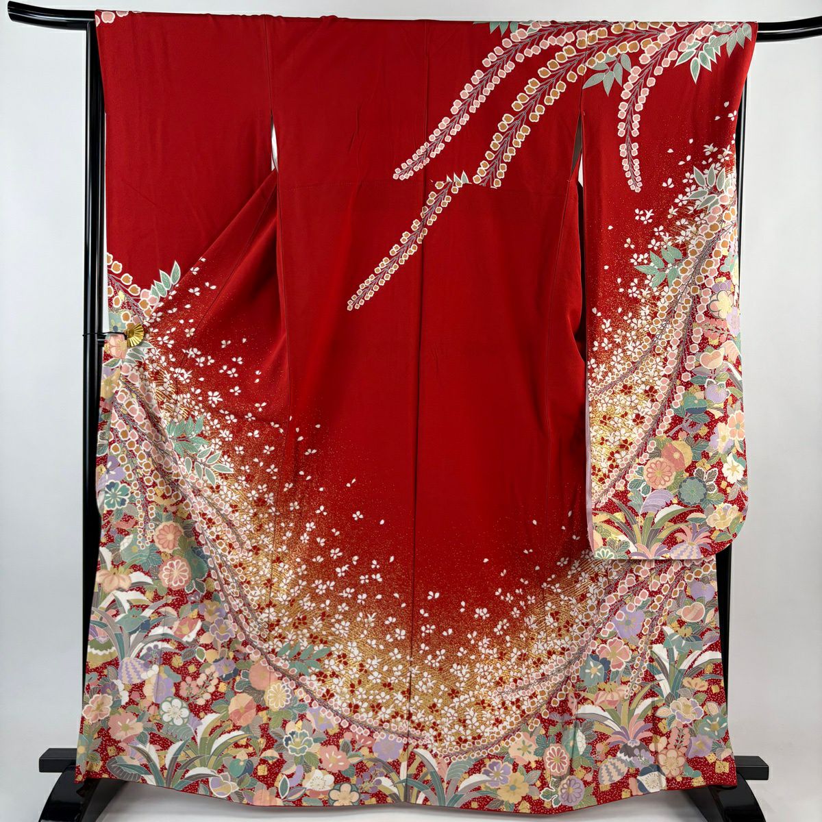 【美品】振袖禮服 身長162cm 袖長67cm M 雙層 草花紋紋 金彩裝飾 紅 純蠶絲 名品級