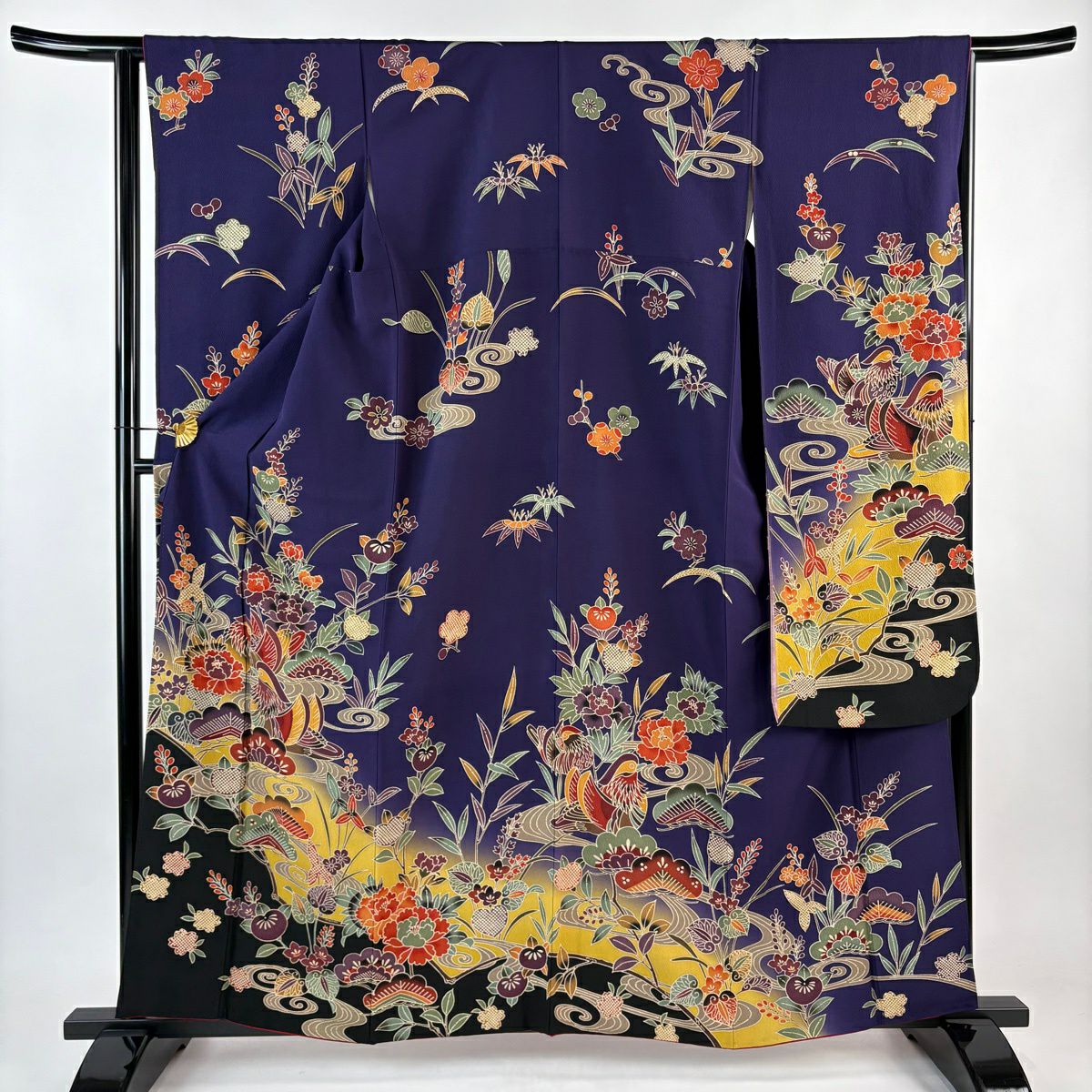 【美品】振袖禮服 身長160cm 袖長65cm M 雙層 鴛鴦 草花紋紋 深紫 純蠶絲 名品級