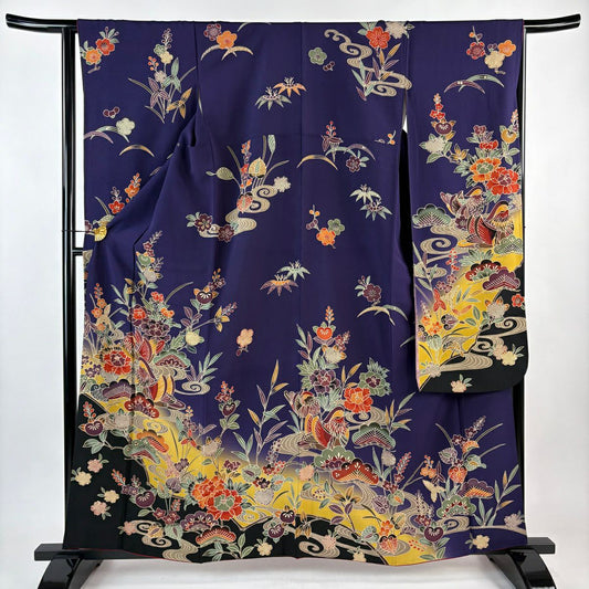 【美品】振袖禮服 身長160cm 袖長65cm M 雙層 鴛鴦 草花紋紋 深紫 純蠶絲 名品級