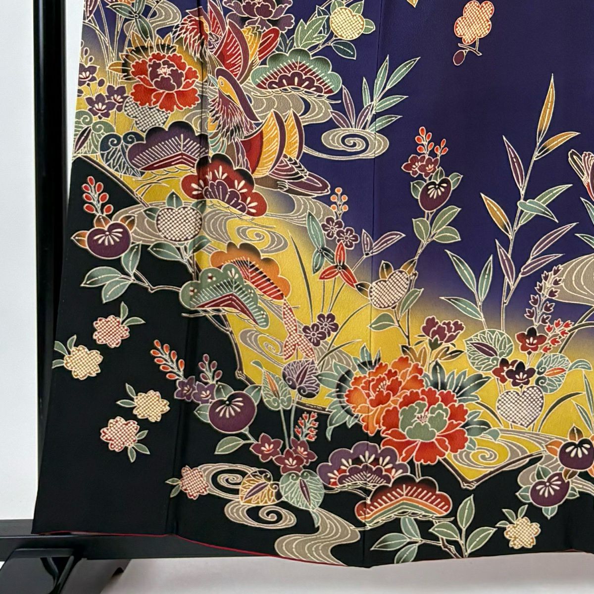 【美品】振袖禮服 身長160cm 袖長65cm M 雙層 鴛鴦 草花紋紋 深紫 純蠶絲 名品級