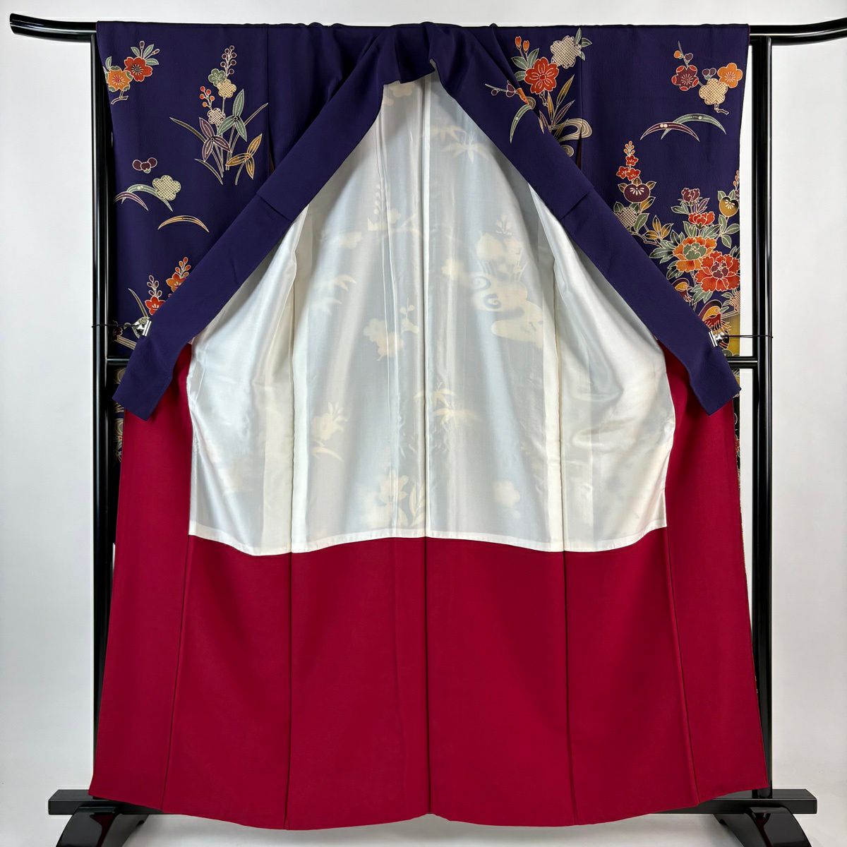 【美品】振袖禮服 身長160cm 袖長65cm M 雙層 鴛鴦 草花紋紋 深紫 純蠶絲 名品級