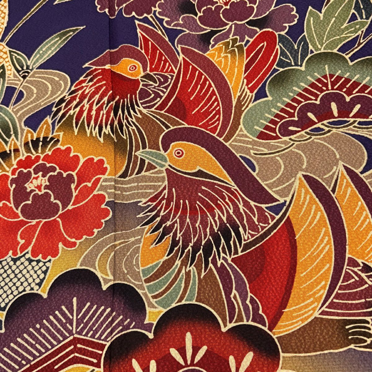 【美品】振袖禮服 身長160cm 袖長65cm M 雙層 鴛鴦 草花紋紋 深紫 純蠶絲 名品級