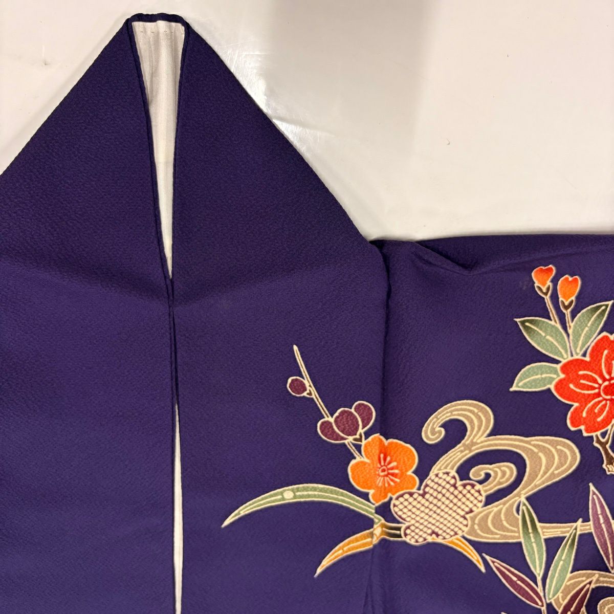 【美品】振袖禮服 身長160cm 袖長65cm M 雙層 鴛鴦 草花紋紋 深紫 純蠶絲 名品級